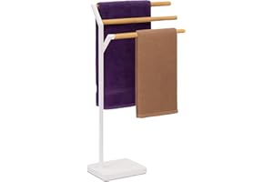 ‎RELAXDAYS Relaxdays Wieszak na ręczniki, wys. x szer. x gł.: 75 x 38,5 x 18 cm, metal, bambus, 3 drążki, wieszak na ręczniki stojący, łazienka, biały/naturalny