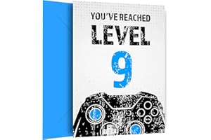 HEY CHIMP Gamer 9th Birthday Card for Boy - Black & Blue Reached Level 9 Bday Cards for Son, Great Grandson, Nephew or Brother. Gaming Happy Birthday Card for 9 Year Old Boy