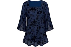 Syphiby Womens Blouses Ruffle 3/4 Sleeve Tunic Tops Loose Flowy Square Neck Chiffon Top Double Layers Mesh Shirts M-3XL