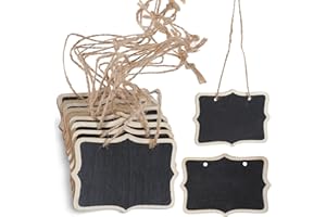 HAIFAFAFAING Paquete de 20 mini letreros de pizarra con cuerda de madera para colgar etiquetas de pizarra, mini letreros de pizarra, etiquetas de mensaje de precio, pizarras borrables para fiestas, bufés,