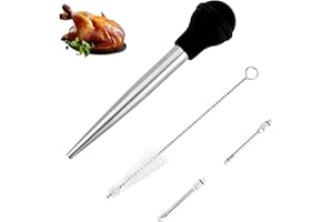 Omoojee Turkey Baster Syringe for Cooking, Large Stainless Steel Meat Injector, with Cleaning Brush and 2 Marinade Needles, Black