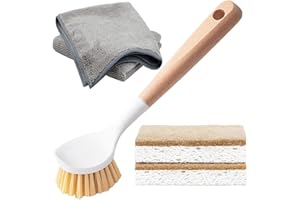 Xemnys Spazzola da tavola per cucina – Set di 5, contiene spazzole per stoviglie in legno manico Sisal Peli, spugna compostabile, panno in microfibra, per pulire lavello, pentole, padelle