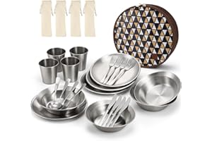 Odoland Kit Piatti e Posate in Acciaio Inox Lucido, Include Piatti Ciotola Tazza Posate Custodia Portatile, Set Completo di Stoviglie per Campeggio Trekking Picnic Viaggio (4 Persone)