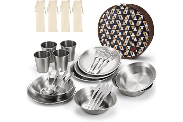 Odoland Set de Couverts Camping, Kit de Vaisselle en Acier Inoxydable Poli avec Assiette Bol Tasse Fourchette Cuillère Couteau Sac de Voyage Portable, pour Cuisine Camping Randonnée Pique-Nique