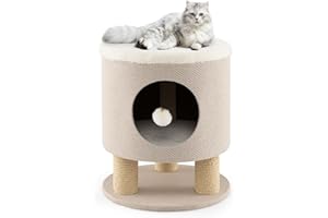 SOARS Kratztonne klein, Kratzbaum & Hocker, Katzenhöhle mit 3 Sisalstämmen & Spielball, Katzenbaum bis 60 kg belastbar, Katzenkratzbaum Katzenmöbel, 40 x 40 x 47 cm (Beige)