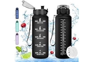 Vikaster Bouteille d'eau, Gourde 1500ml, sans BPA, Étanche & Réutilisable, Bouteille d'eau avec Marqueur de Temps et Filtre, Convient Pour la, Cyclisme, Gym, Yoga, Camping, Sport