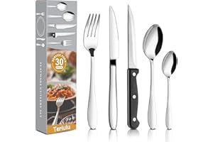 TERLULU 30 Piece Cutlery Sets with 6 Piece Steak Knives, Stainless Steel Silver Cutlery Flatware Set, Dinnerware Fork Knife Spoon Set Service for 6, Mirror Finished & Dishwasher Safe