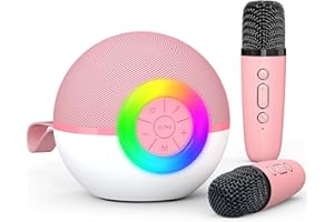 HEROANGE Karaoke Machine for Kids Adults, Toys with wireless microphone Mini Portable Bluetooth Speaker with 5 Voice Changing Effects & LED Light, Christmas Birthday Gifts for 4-12 Girls Boys (Pink-2 Mics)