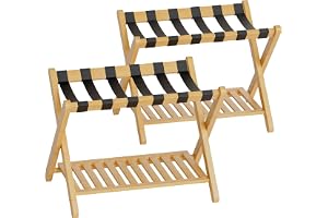 SMIBUY Bagagehylla, Set med 2, hopfällbart bambu resväskeställ med förvaringshylla för gästrum, sovrum, hotell, heavy-duty (naturlig)