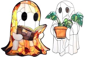 PENITUE 2stk Süße Geister Dekorationen zum Aufhängen, Halloween Ornament aus Acryl zum Aufhängen Fenster Lustige Wandkunst mit Geister und Pflanzenmotiv für Zuhause Garten und Außenbereich (Buch, Pflanze)
