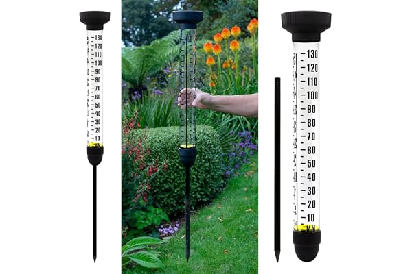 CKB LTD Pluviomètre avec Piquet pour Extérieur - Mesure Extra Large de la Pluie avec Double Échelle et Piquet au Sol pour Pelouses, Jardins, Fermes et Terrains de Golf 100 cm de Haut
