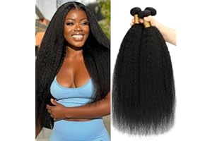 YAYAHAIR Kinky Straight Bundles Human Hair Yaki Straight Human Hair 3 Bundles 100% Unprocessed Brazilian Virgin Remy Hair Yaki Straight Bundles For Black Women Natural Black Color 12 14 16 Inch 300g
