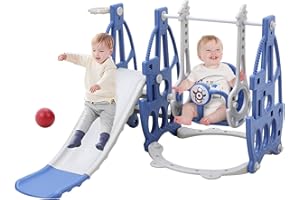 FUKEA Kids Slide, 4-in-1 Toddler Slide and Swing Set with Basketball Hoop Garden Climbing Frames, Slide for Toddlers Age 1-3 Indoor & Outdoor, Garden Slides for Kids(Blue)