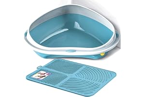 CAT CENTRE Blue Large Corner Cat Litter Tray + Blue Nonslip Mat Set Box Loo Toilet Kitten Pad