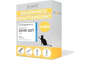 PiuPet® Katzennetz Drahtverstärkt I 4x3m I schwarz I Befestigungsset inklusive I Katzennetz für Balkon | Katzengitter Fenster | Katzen Fensterschutz