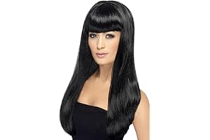 Smiffys Babelicious Wig, Black Long, Straight with Fringe, Ladies Glamour Wigs Fancy Dress, Adult Dress Up Wigs
