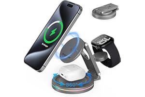 BingoHive 3 in 1 drahtlose Ladestation für iPhone & Apple Watch & AirPods, 360 rotierende 15W Schnellladestation kompatibel mit iPhone 12-16 Serie Zinklegierung Faltbarer Ladestation mit Magnet
