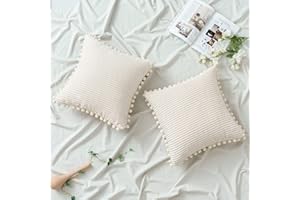 EMEMA Kordsamt Kissenbezug Sofakissen Pompon Dekokissen Zierkissen Dekorative Kissenbezüge Kissenhülle Zierkissenbezug für Couch Sofa Wohnzimmer Schlafzimmer 2er Set 40x40 cm Beige