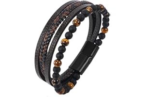 MANDARINMELON Pulsera Hombre de Cuero Auténtico Trenzado y Tejido a Mano. Pulseras Hombre con Cierre de Acero Inoxidable. Brazalete para Hombre de Piel de Vaca. Pulsera Ancha c/Cierre Magnético. Pulseira Homem …