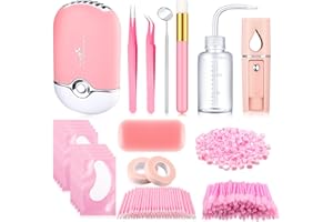 HORTSUN Eyelash Extension Supply USB Air Conditioning Blower Lash Tweezer Nano Facial Mister Lash Mirror Lash Shampoo Brush Wash Bottle Mascara Brush Micro Applicator Ring Cup Eye Pad Silicone Pallet (Pink)