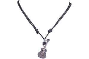 BlueRica Guitar Pendant on Adjustable Black Rope Cord Necklace (Chrome Finish)