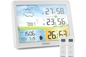 Kalawen Wetterstation Funk mit 2 Außensensor Digital Farbdisplay DCF-Funkuhr Innen und Außen Weather Station Thermometer Hygrometer Funkwetterstation mit Wettervorhersage und Mondphase (Weiß)