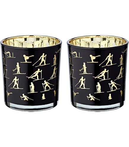 EDZARD Teelichtglas-Set 'Monty' (2er) – Schwarz/gold, Skisport-Motiv, Höhe 8 Cm