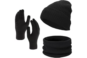 TAGVO Tricotés Ensemble d'hiver, Ensemble Chauds d'hiver 3 en 1, Chaud Écharpe Chapeau Beanie avec Double Polaire, Bonnet Écharpe et Gants à Écran Tactile pour Homme Femme