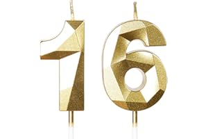 Yiran Geburtstagskerzen Zahlen 16, 5cm Gold Geburtstagskerzen, Kerzen Geburtstag, Geburtstag Kerzen, Tortendeko Geburtstag, Kuchendeko Geburtstag, Geburtstagskerzen für Geburtstagsdeko, Nummer 16