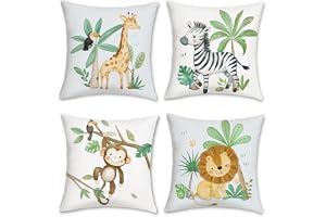 Bonhause Set med 4 örngott djur 45 x 45 cm giraff zebra apa lejon gröna blad dekorativa kuddfodral för soffa vardagsrum hem b