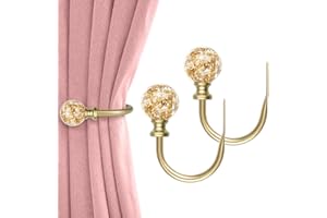 KAMANINA Gold Curtain Holdbacks 2 Pack, U Form Crystal Decorative Curtain Holdback, Wall Mounted Curtain Tieback Hooks for Fixed Curtain or Hanging Items