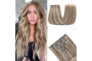 HotLulana Extensiones de Clip de Pelo Natural, 7pcs 35cm Cabello Humano, 14 Pulgadas 80g, P6/18K#