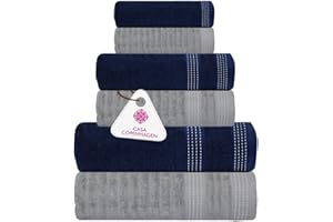 CASA COPENHAGEN Elegance 6-częściowy zestaw ręczników, Szary + granatowy, 550gsm, 2 kąpiele, 2 ręce, 2 myjki, miękka egipska bawełna do łazienki, kuchni i prysznica