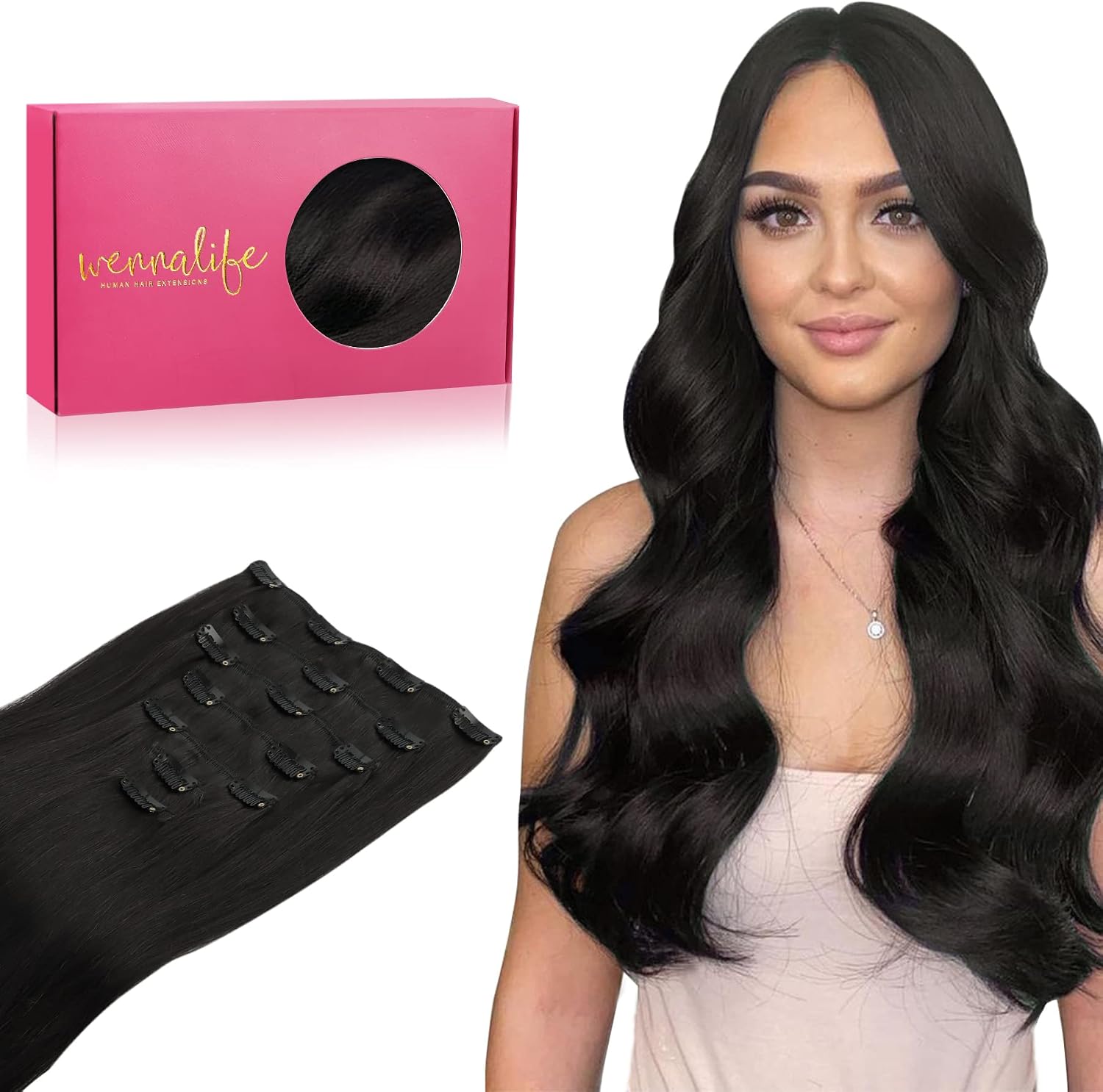 WENNALIFE Hair Extensions Clip In, 14 Inch 120g 7pcs Clip in Hair Extensions Real Human Hair Natural Black Clip In Real Hair Coloured Remy Human
