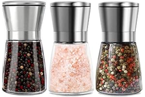 BEOIUCZZY 3 Pezzi Macina Sale Pepe, Saliera e Pepiera Manuale in Vetro e Acciaio Inox Macinapepe, Macinasale e Pepe Dimensioni Regolabili Dei Grani per Sale Marino Grosso, Pepe in Grani, 180ML