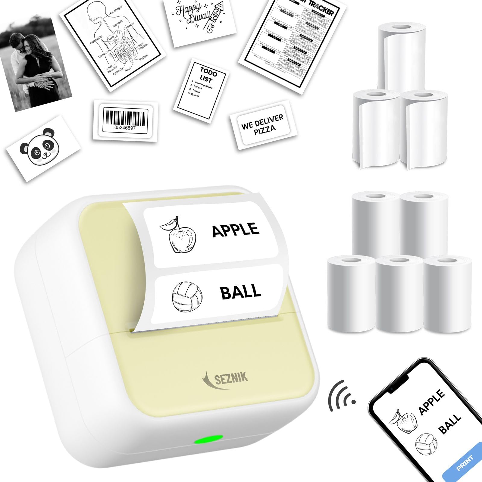 SEZNIK Mini Printer, Inkless, Bluetooth, Portable Pocket Printer, Thermal Lable Printer Compatible with Android, iOS Mobile. 