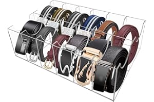 YEXEXINM Acrylic Belt Organizer, 12 Compartments Belt Storage Holder, Clear Belt Display Storage Box, Belt Display Case for Closet Drawer Tie Bow Watch Jewelry Cosmetic