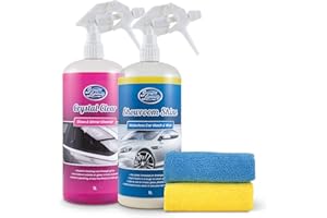 GREASED LIGHTNING Bodywork & Windows Twin Pack - Showroom Shine 1L Waterless Wash and Wax & Crystal Clear 1L Glass & Mirror Cleaner Plus 2 Microfibre Cloths Pack