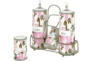 Baroni Home Menage Olio Aceto Sale Pepe in Ceramica con Stand in Metallo, Accessorio da Cucina Colorato Resistente, Linea Rose, 21X8X22cm