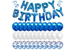 Beauenty Blue Happy Birthday Balloon Banner White And Blue Confetti Balloons for Boy Birthday Party Decorations