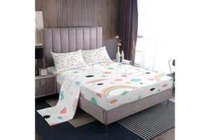 LOUSSIESD Set di lenzuola per bambini arcobaleno con nuvole fumetto set di lenzuola colorato lenzuolo con angoli multicolore con 1 lenzuolo piatto+1 lenzuolo con angoli + 1 federa per letto singolo
