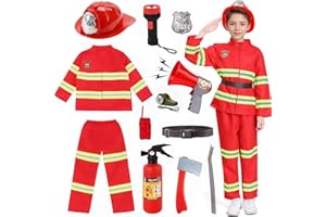XM-MENGPANWEI Costume de Pompier, Deguisement Pompier Enfant avec Pompiers Vêtements, Pantalons, Casque, Jouet,Pompiers Cosplay Jeu de Rôle pour Halloween Carnaval Déguisement Enfants Garçons Filles Cadeau