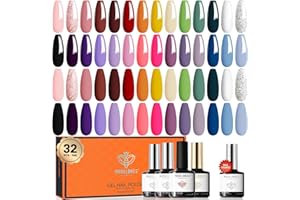 Modelones 32 Pcs Gel Nail Polish Set, 28 Colors All Season Gel Polish Kit with Glossy& Matte Gel Top Coat No Wipe Base Coat Nail Primer Orange Red Purple Pink Black White Classic Colors Nails DIY