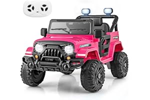 COSTWAY 12V Kids Ride on Car, 2 Motors Electric Off Road Truck with Remote Control, LED Lights, Music, Horn & Wireless Connection, Battery Powered Ride on Toy for Boys Girls (Rose Red)