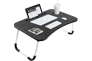 Sky-Touch Portable Folding Laptop Desk For Bed，With Ipad And Cup Holder Adjustable Lap Tray Notebook Stand， Foldable Non-Slip Legs Reading Table Tray For Working，Studying，Camping 60X40X28Cm Black