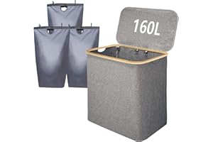 Gabrella Laundry Basket with Lid, 160L Laundry Basket 3 Compartments Collapsible Laundry Hamper with Bamboo Handles and Labels, Dirty Washing Bin with Removable Bags for Bedroom Bathroom, Laundry Room