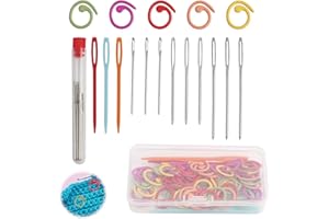 ANNLPOY Lot de 50 marqueurs de maille en métal - 5 couleurs avec 9 Aiguilles Émoussées à Gros Chas et Boîte de Rangement - Idéal pour Couture, Tricot et Crochet