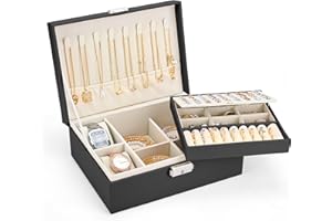 Sofore Portagioie da donna, grande portagioie a 2 strati, con 2 cuscini per orologio, in pelle PU, organizer per gioielli da viaggio, per orecchini, anelli, collane, orologio, colore: nero