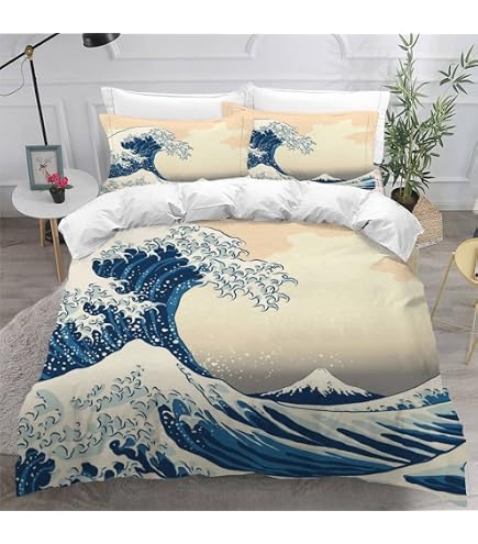 Parure De Lit 3 Pièces OliveSleep - Housse De Couette 240x220 Cm + 2 Taies 65x65 Cm, Design Grande Vague De Kanagawa