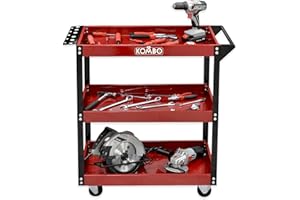 KOMBO - Carrello Portautensili Officina a 3 Ripiani in Acciaio Verniciato, 81x35x80 cm, Portata 150 kg, con Maniglia, Porta Cacciaviti e Ruote 3” – Rosso/Nero